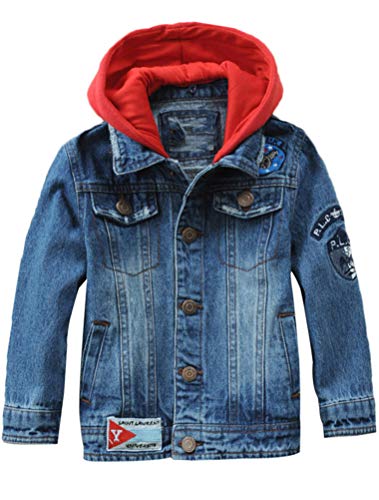 Image of Mallimoda Kids Boys Girls Hooded Denim Jacket Zipper Coat Outerwear (5-6 Years, Style 1 Blue)
