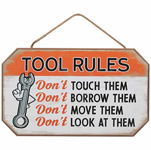 Tool Rules Hanging Wood Wall Decor - Funny Tools Sign for Workshop or Garage - Great Gift Idea