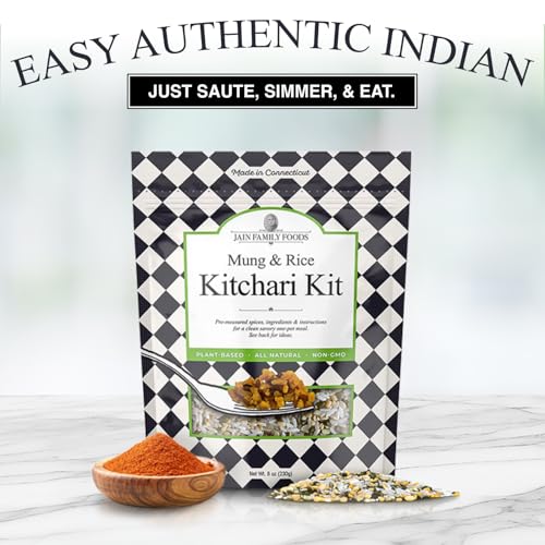 Image of Jain Family Foods Mung Rice Khichdi Kitchari Kit | Authentic Indian Meal Kit with Spiced Yellow Lentils | Plant Based, Gluten-Free, High Fiber | Easy One Pot Dinner, Instant Pot Friendly | Serves 3