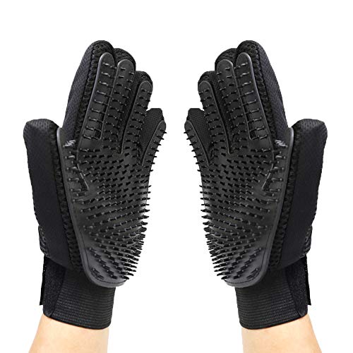 Merauno® Fellpflegehandschuh Tierhaarentferner Bürste Massage Fellpflege Grooming Glove Hund Katze Massageffekt & Deckhaarschutz (Schwarz, 2 Handschuhe (EIN Paar))