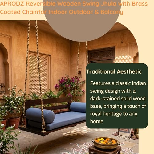 Image of APRODZ Swing for Home Reversible Sheesham Wooden Jhula for Adult for Home | Wooden Swing for Balcony | Hanging Swings with Brass Coated Chain | Patio Double Seater Indoor /Outdoor Swing, 132 x 55cm