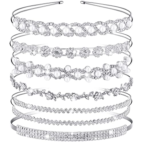 6 Pieces Rhinestones Wedding Headbands Crystal Flower Girl Leaves Crown Headband Tiara Women's Faux Pearl Rhinestones Princess Hairband Headdress for Bride Bridesmaids Wedding Party (Chic Pattern)