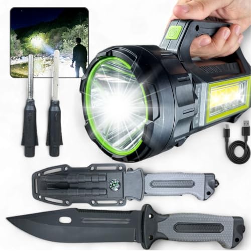 Kit Sobrevivência com Lanterna 500m Alcance e Faca Tática Resistente, LED 100.000 lúmens, 7 modos, c