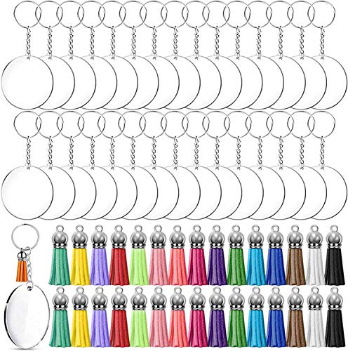 Acrylic Keychain Blanks Making Tassels Kit Bulk 120pcs Vinyl Ornaments Set Including 30pcs Clear Blanks 30pcs Tassels 30pcs Key Chain Rings 30pcs Jump Rings for DIY Projects Crafts