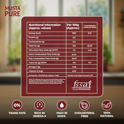 Image of Musta Pure Cold Pressed Kachi Ghani Mustard Oil 5 Litre Cooking Oil, Unrefined, Naturally Cholesterol Free, A1 Grade Real Seeds For Natural Aroma & Flavour For Roasting, Frying, Baking - Jar