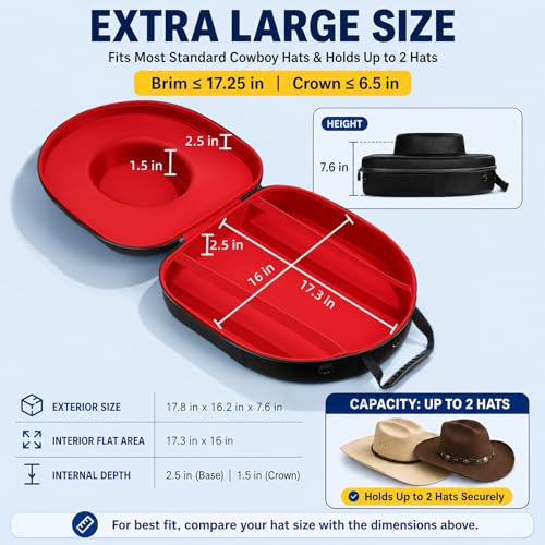 Hat Case for Cowboy Travel Extra Large, Waterproof Hard Box Can Storage for Fedora Panama Tweed Cap Holder Organizer Carrier with Adjustable Carry Strap, Men's Western Gifts, Large Red Interior by HYDERMUS - Image 2
