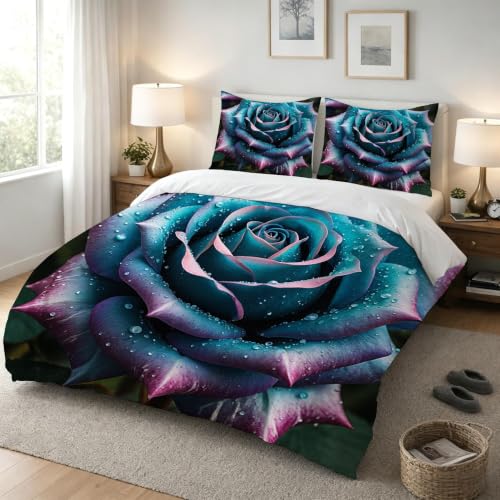 Housse de couette 160x200 anti-plis à fermeture éclair cachée rose et bleue