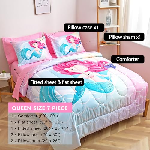 Image of Pink Little Mermaid Princess Bedding Sets for Girls, 7-Piece Queen Size Kids Comforter Set with Sheets and Pillowcases, Cute Sea Princess Bed in a Bag for Kids Bedroom