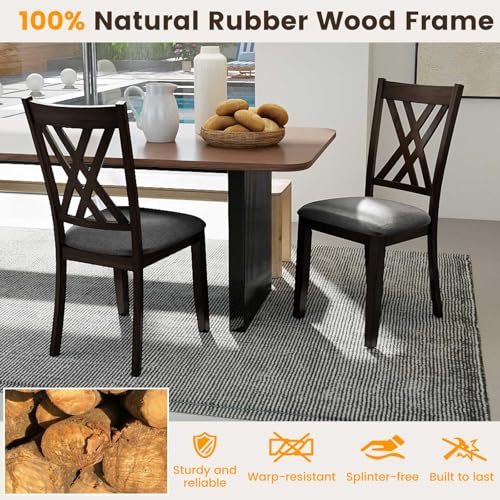 Image of COSTWAY Wooden Dining Chairs Set of 2 with Fabric Padded Seat, Grey | Farmhouse Armless Kitchen Side Chair with Rubber Wood Frame & High Back for Dining Room, Living Room and Restaurant