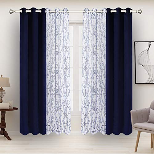 BONZER Mix and Match Curtains - 2 Pieces Branch Print Sheer Curtains and 2 Pieces Blackout Curtains for Bedroom Living Room Grommet Window Drapes, 37x63 Inch/Panel, Indigo, Set of 4 Panels