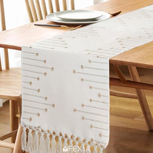 Image of FEXIA Boho Table Runner with Tassels 72 Inches Long for Home Decor Room Decor Farmhouse Rustic Macrame Table Runners for Dining Bedroom Bridal Shower(12x72 Inches)