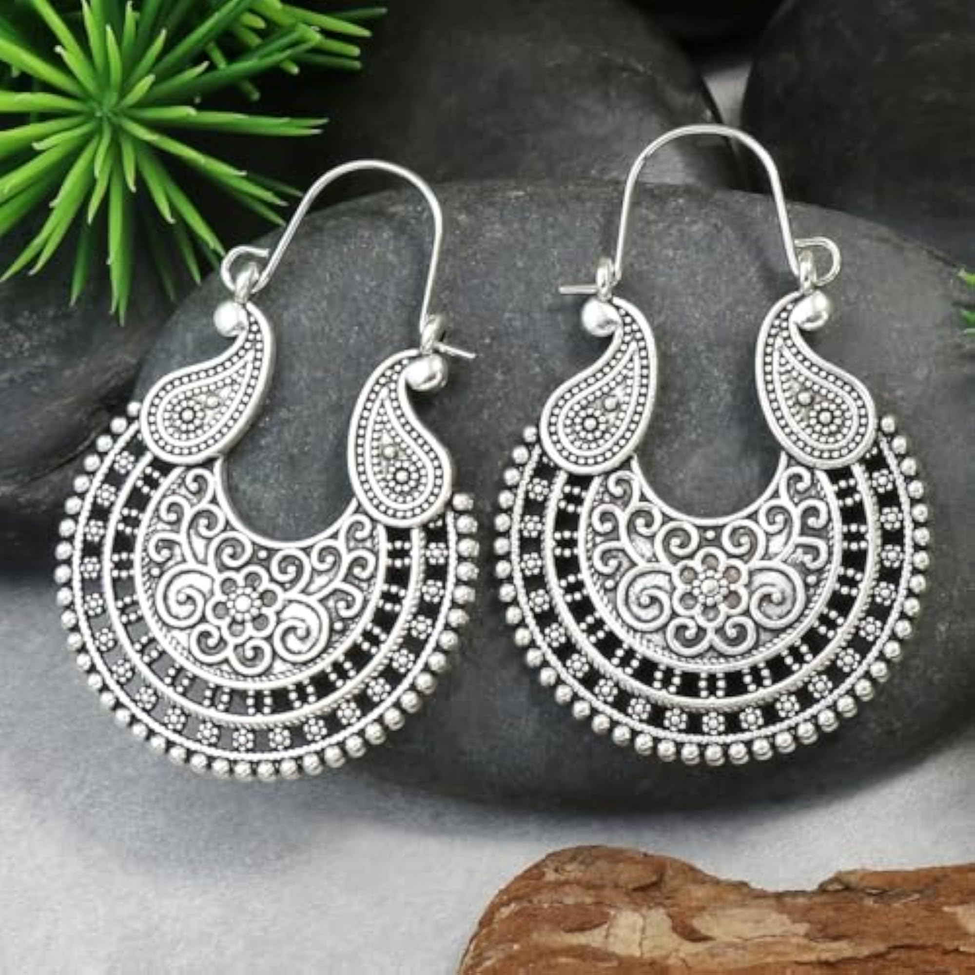 Vintage Carved Pattern Hoop Earrings, Ethnic Oxidized Earrings