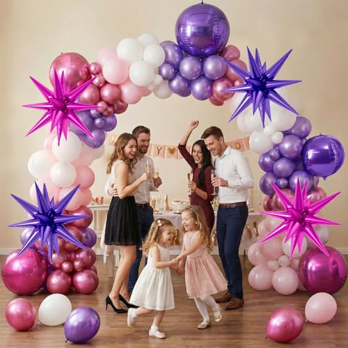 Image of 6pcs 22 Inch Hot Pink Purple Star Balloons And 4d Large Foil Balloons, Hot Pink Foil Star Spike Balloon Purple 4d Ball Balloon For Girls Women Birthday Baby Shower Party Wedding Anniversary Decoration