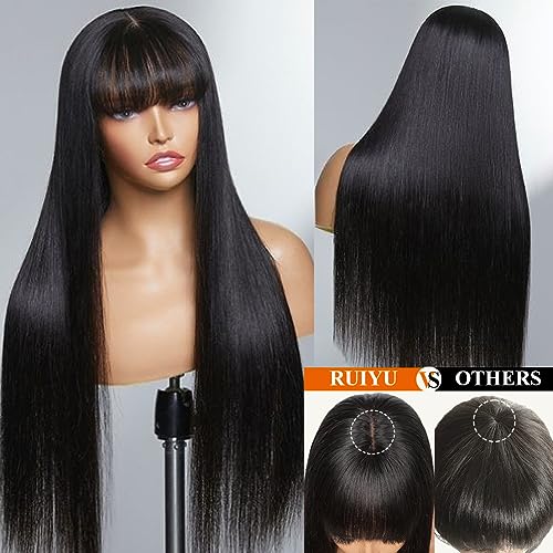 Glueless Wigs For Black Women Human Hair 180% Density Wigs With Bangs Glueless Straight 2X4 Lace Front Wigs Human Hair Wig With Bangs Closure Wigs 100% Middle Part Brazilian Virgin Human Hair 24 Inch #TOP2