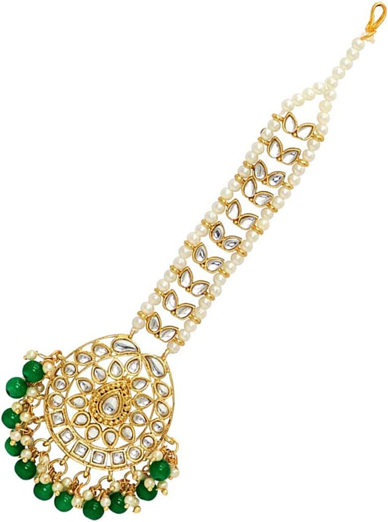 Aheli Faux Kundan Beaded Maang Tikka Head Piece Indian Wedding Ethnic Fashion Jewelry Gift for Women Green - Image 7