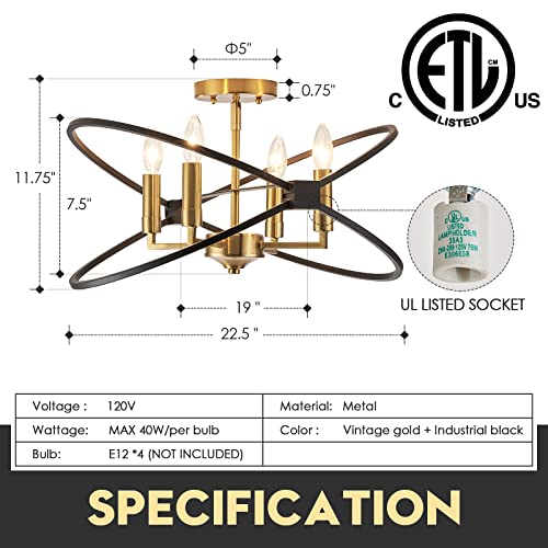 Fookchak Gold Candle Chandelier Industrial 4-Light Chandelier Light Fixture Black Gold Ceiling Light For Dining Room, Kitchen Island, Living Room, E12,22In,C01-4Bg1 #TOP3