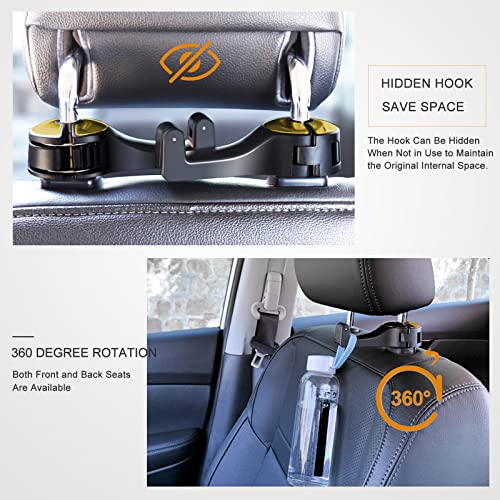 Image of Car Headrest Hidden Hook with Phone Holder, Universal 360 Rotation, Gold, 2 Pack