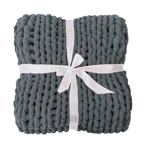 Bigacogo Chunky Knit Throw Blanket for Couch, 40x40 inches, 100% Hand Knitted with Thick Jumbo Chenille Yarn, Cozy Soft Large Rope Knot Cable Crochet Blankets for Sofa Bed Living Room, Iron Gray