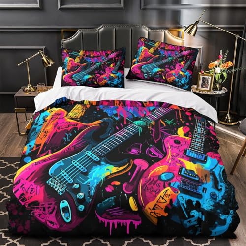 Parure de lit guitare graffiti néon en microfibre pour lit simple - 2