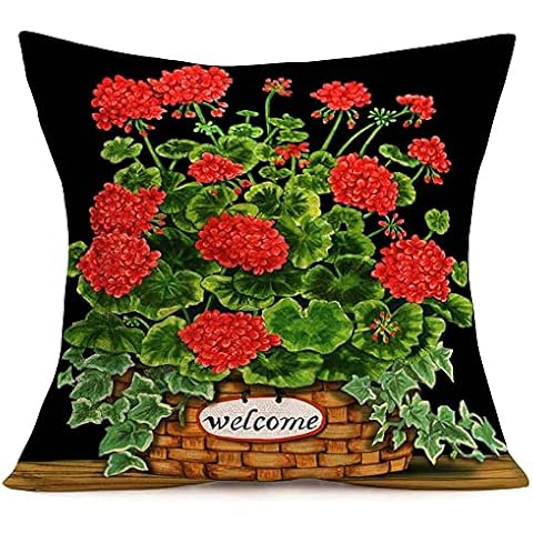 Qinqingo Red Geranium Flowers Pillow Covers 18"X18" Rustic Potted Plants with Welcome Words Throw Pillow Cases Cushion Cover for Outdoor Garden Chair Summer Decorative (Geranium, 18"X18") Cover