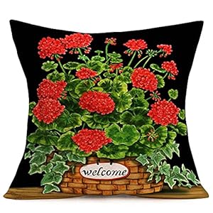 Red Geranium Flowers Pillow Covers 24X24 Rustic Potted Plants with Welcome Words Throw Pillow Cases Cushion Cover for Outdoor Garden Chair Summer Decorative Geranium 24X24