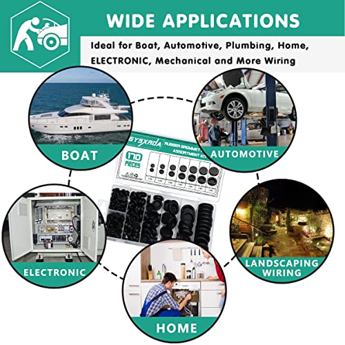 Gysxrda Rubber Grommet Kit 170 Pack - Black Firewall Grommet Assortment 7 Sizes Rubber Cable Hole Plug For Holes, Electrical, Plumbing, Automotive, Boat, Home Improvement Cord Wire Pipe Organization #TOP6