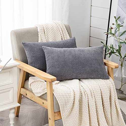 Lumbar Support Pillow Decorative Rectangle Throw Pillow Covers 12"X20" Inch Set Of 2,Super Soft Chenille Fall Pillowcase For Living Room Bedroom Sofa Couch Cushion Cover Dark Grey 30X50Cm (No Insert) #TOP2