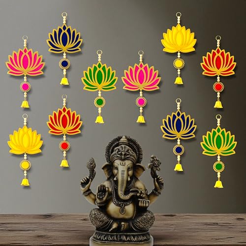 Image of Rajasthan Kraft Handmade Pack of 10 Colorful MDF Lotus Hanging with Pom Pom & Bell Traditional Wall Decor for Makar Sankranti, Lohri, Wedding Decoration Multicolor Lotus Decor 8 Inch (RK-H-199-10)