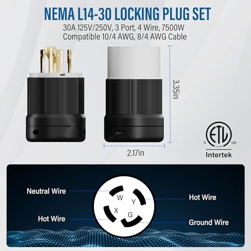 HiFind Locking Plug & Connector NEMA L14-30P & L14-30R Set, Male & Female Generator Twist Lock with Extension Cord End, 30 Amp, 125/250V,3-Pole 4-Wire Industrial Grade Heavy Grounded Adapter-ETL - Thumbnail 2