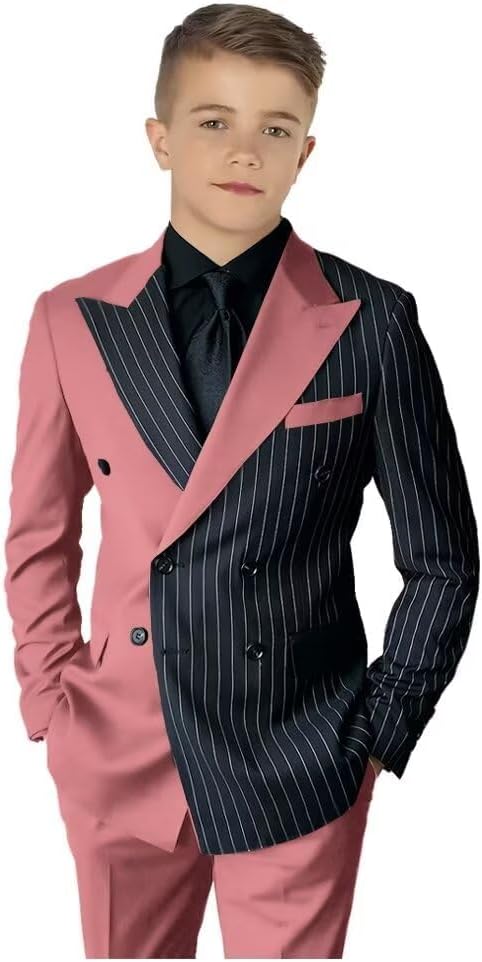 Boys Suit 2 Pieces Black Striped Color Block Kids Tuxedo Casual Double Breasted Blazer Pants for Wedding