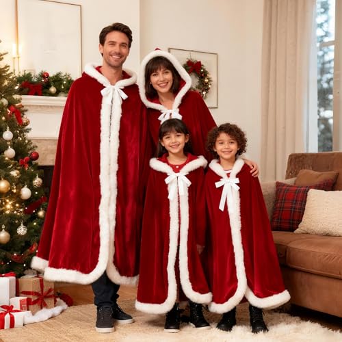 Weihnachten Santa Claus Umhang mit Kapuze, Weihnachtsmantel Cape, Umhang Kapuzenmantel Rot Samt, Roter Kapuzenumhang, Weihnachtsfrau Kostüm für Kinder, Jugendliche und Erwachsene Weihnachten Cosplay