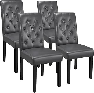 Yaheetech Upholstered Dining Chairs Set of 4 Modern Leather Parsons Kitchen Chairs with Button Tufted High Back and Solid Wood Legs and for Dining Room/Living Room/Restaurant, Gray