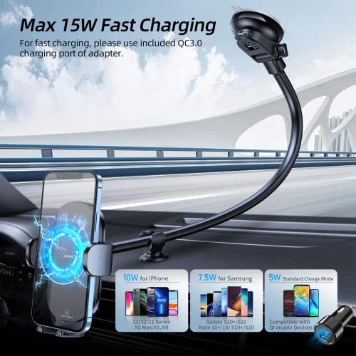 APPS2Car 15W Fast Qi Wireless Car Charger, 2 in 1 Car Phone Holder Wireless Charger for Windscreen Suction Cup Dashboard Air Vent Mount Compatible for iPhone 14/13/12 Pro Max Mini, Samsung, LG etc