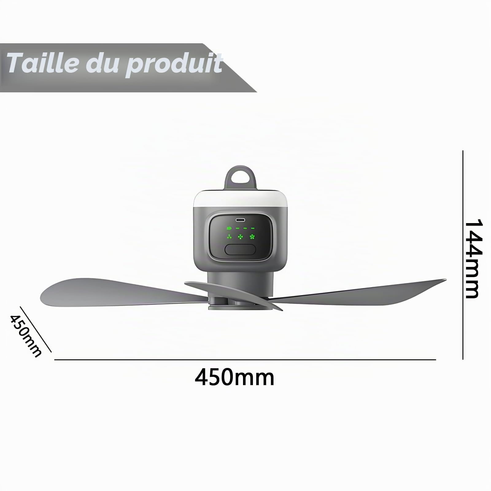 Ventilateur de plafond à batterie de 45 cm, rechargeable, 12 000 mAh, avec télécommande et lumière LED, 4 niveaux, silencieux, avec minuterie de 2/4/8 heures, ventilateur de camping portable pour