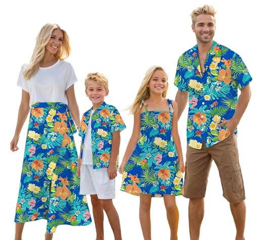 Image of Cromoncent Matching Hawaiian Outfits for Family, Dad and Son Matching Luau Beach Tropical Shirts Mommy Daughter Tropical Sets