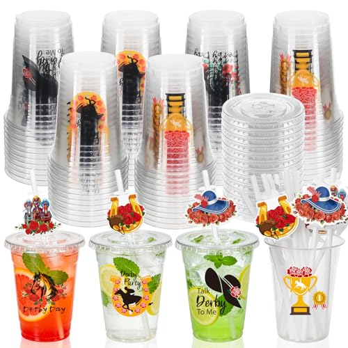 MUOUAKATE Derby Cups Plastic Disposable Bulk, 48 Pack 12 oz Derby Clear Julep Cups with Plastic Lids Straws Cards for Derby Party Decorations Supplies Horse Racing Favors Gift
