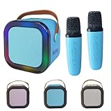 Mini caixa de som karaokê com 2 microfones bluetooth luz rgb (azul)