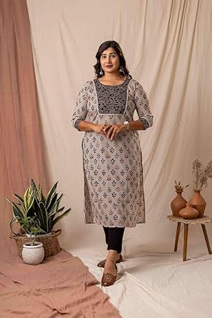 Womens Cotton Kurti | Cream Indian Tunic Top with Floral Print | Straight Kurta with 3/4 Sleeves