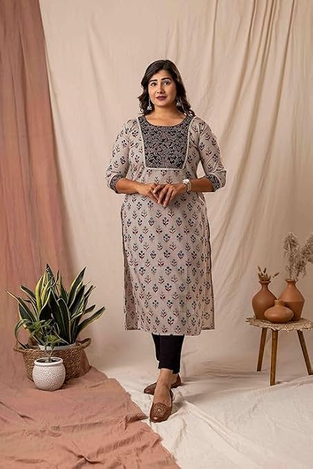 Womens Cotton Kurti | Cream Indian Tunic Top with Floral Print | Straight Kurta with 3/4 Sleeves