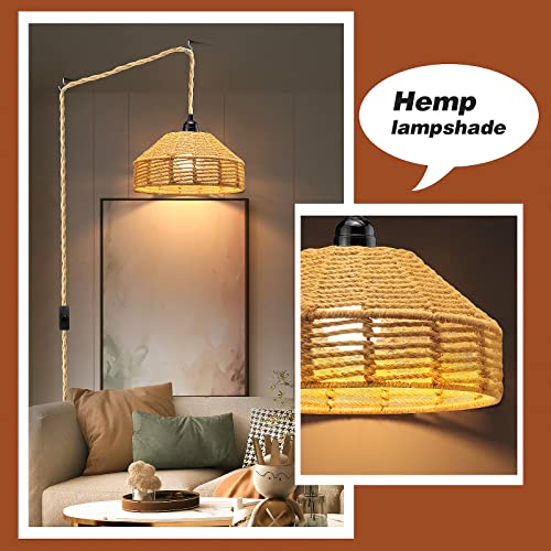 Plug In Pendant Light,Hand Woven Bamboo Lampshade Hanging Lamp With 15Ft Hemp Rope, On/Off Switch, Rattan Hanging Lights With Plug In Cord, Plug In Pendant Light Fixture For Living Room Kitchen #TOP1