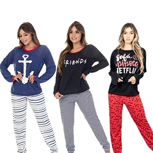 Kit 3 Pijamas De Frio Feminino Longo Estampado Personagens Desenhos (GG, Variadas)