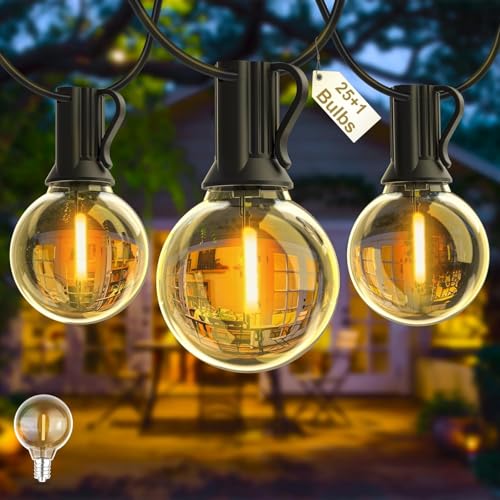 Image of Yuusei LED Outdoor String Lights 50Ft, Mains Powered Festoon Lights with 25+1 Shatterproof Plastic Bulbs, Weatherproof Globe Garden String Lights for Patio, Wedding, Backyard, Party, Terrace