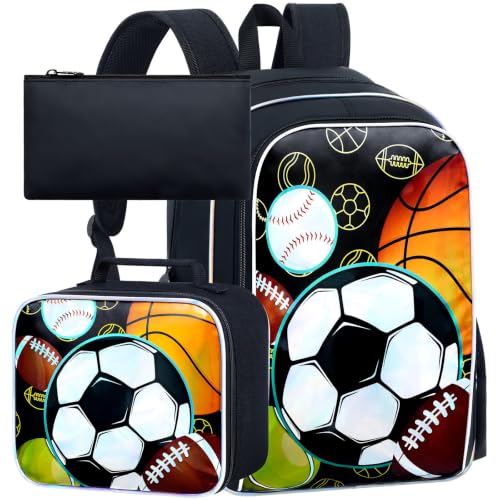Image of gxtvo 3PCS Soccer Backpack for Boys, 17 inch Kids Football Bookbag with Lunch Box, Water Resistant Middle Elementary School Bag - Multiple Balls