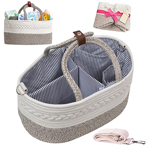 Image of BIBSYBABY Diaper Caddy Baby Basket - 100% Cotton Rope Diaper Basket with 2 Pockets, Handle Locker and Removable Shoulder Strap - Baby Shower Bag & Baby Registry Must Haves, Brown