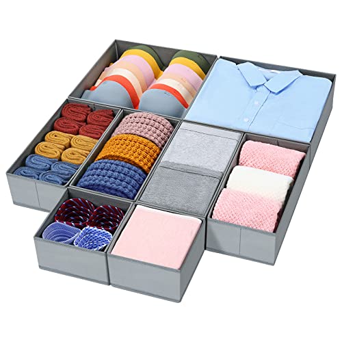 DIMJ Organisateur de Tiroir de Non-tissé, 8Pcs Rangement Sous Vetement Pliable, Boite de Rangement Panier Rangement Pliables, Pantalons, Chaussettes, Gris Clair