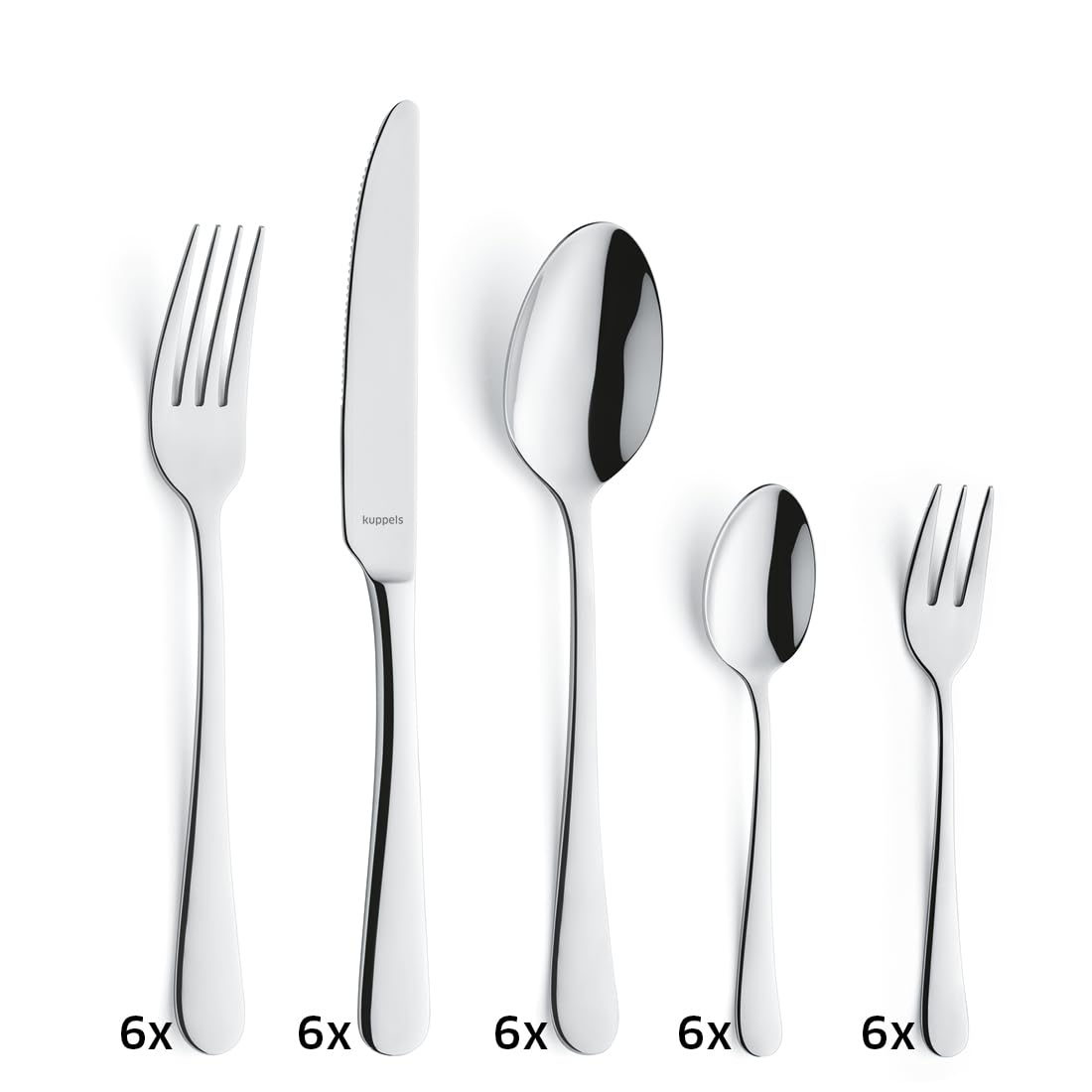 Kuppels Delia Set de couverts 30 pièces | Couverts à dîner pour 6 personnes | Couverts tendance modernes | Acier inoxydable 18/0 poli miroir | Passe au lave-vaisselle
