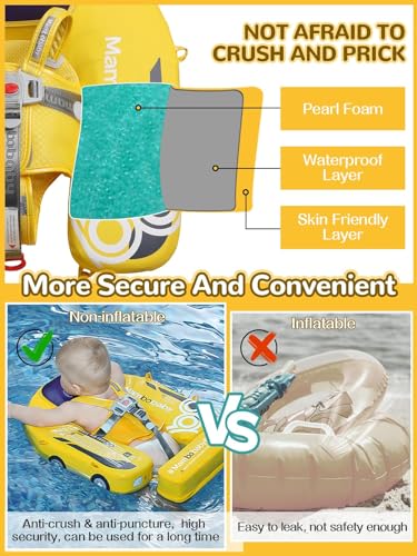Mambobaby Baby Pool Float with Canopy, Kalolary Non-Inflatable Baby Swim Float Infant Swim Trainer Ring Toddler Pool Float with Adjustable Strap & Tile for 3-24 Months Age Boys Girls (Yellow Car) — view 3