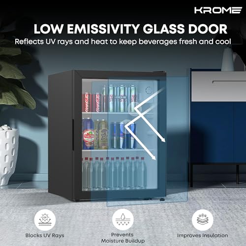Krome Beverage Cooler, 90 L, Compact Design, Free Standing, Single Door, 2 Glass Shelves, Adjustable Feet, Mechanical Temperature Control, Environment-Friendly R600a, Black