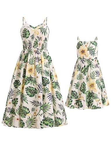 Image of AWIBMK Hawaiian Family Matching Outfits Mother Daughter Tropical Dresses Father Son Shirts for Beach Vacation Luau Party
