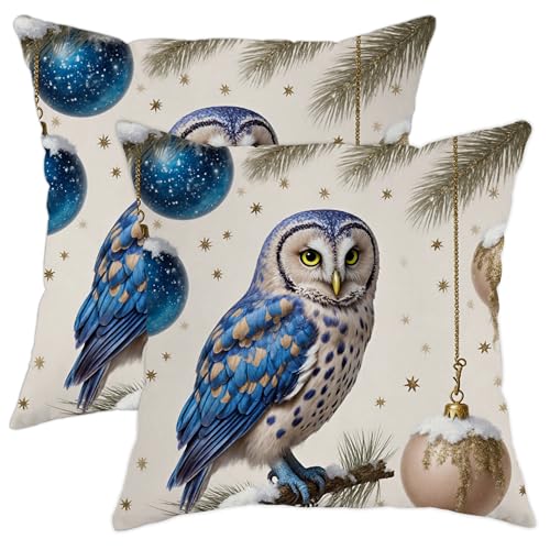 Owl Throw Pillow Covers Set of 2, Winter Fanciful Christmas Ornament Pine Branch Christmas Blue with